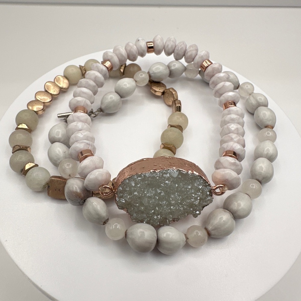 Vintage 90s Boho Multi-Strand Bracelet Set Druzy Quartz Beaded Jewelry